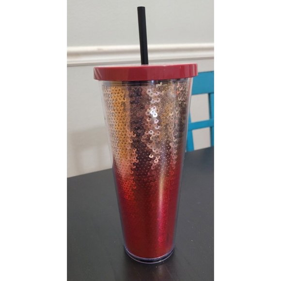Starbucks 2018 Holiday Red Gold Ombre Sequins Cold Cup 24 fl oz - Picture 2 of 4
